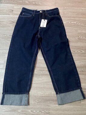 New Bershka Woman Navy Crop Baggy Wide Cuff Denim High Rise Jeans Pants 31W 40EU